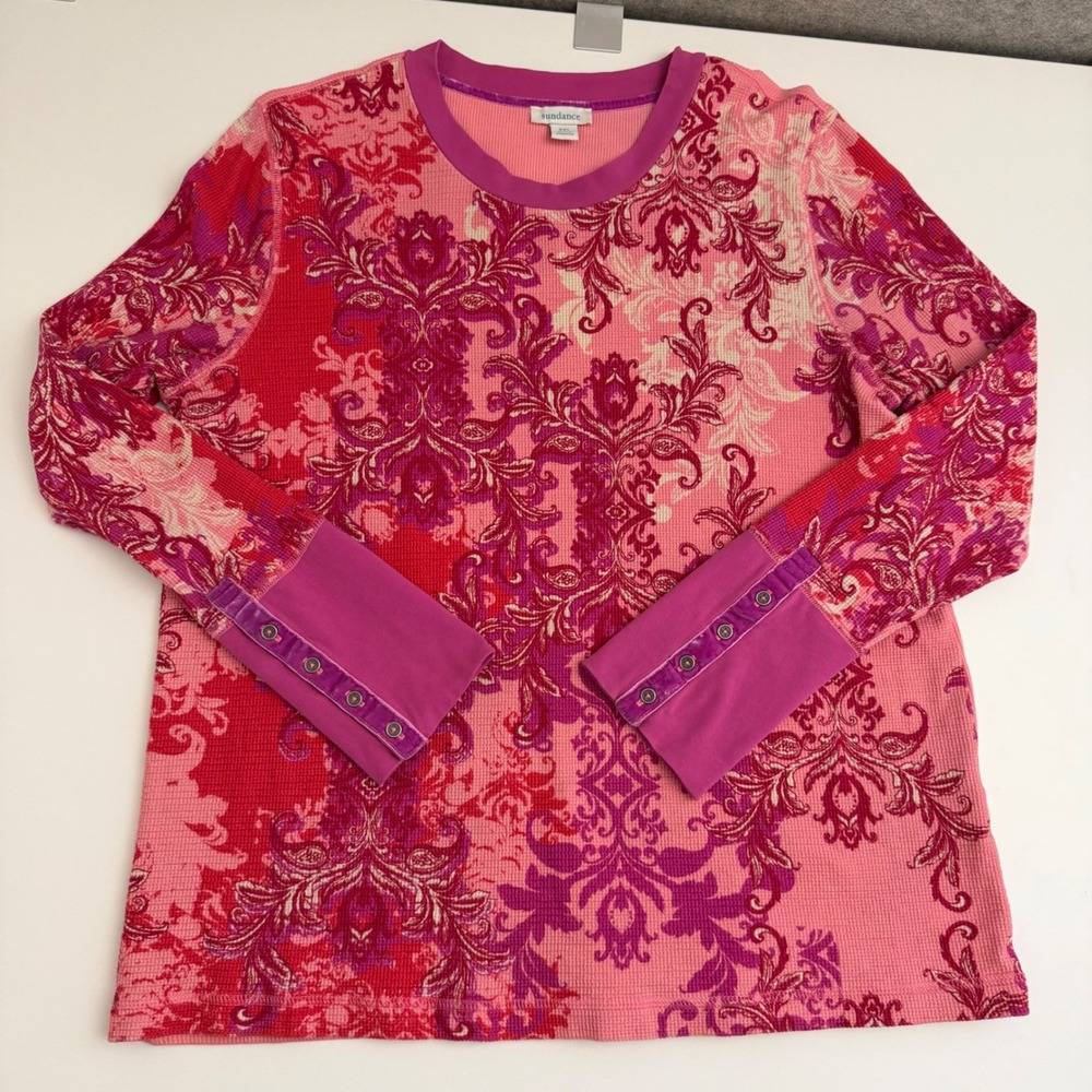 Sundance Womens XXL Pink Red Damask Waffle Knit Thermal Top Button Cuff Velvet